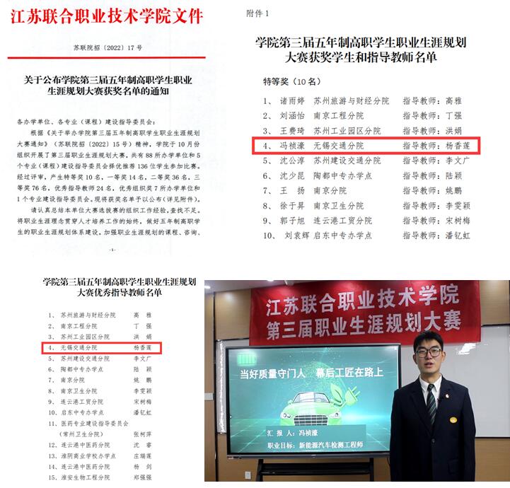 喜报—汽车工程学院学生获江苏联合职业技术学院第三届职业生涯规划大赛特等奖